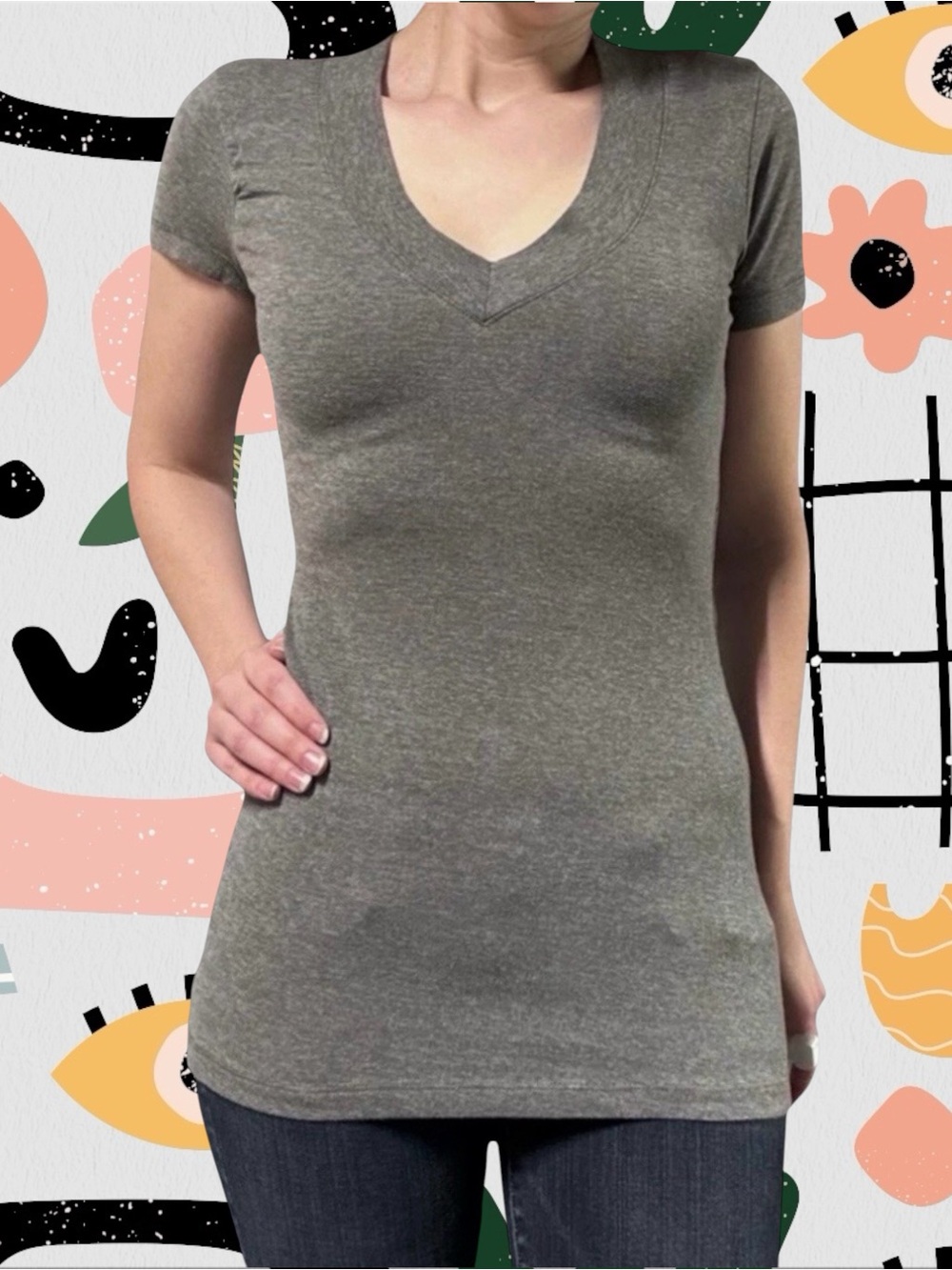 Wetseal | Y2K Gray V-Neck Longline Tunic Short Sleeve Tee Shirt